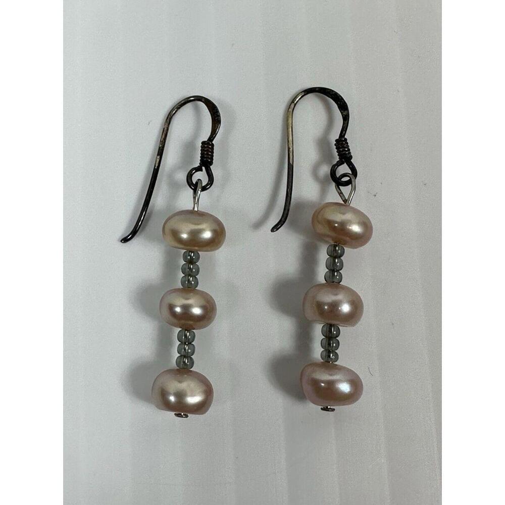 925 STERLING Cultured Pink 3 PEARL Dangle EARRINGS VINTAGE